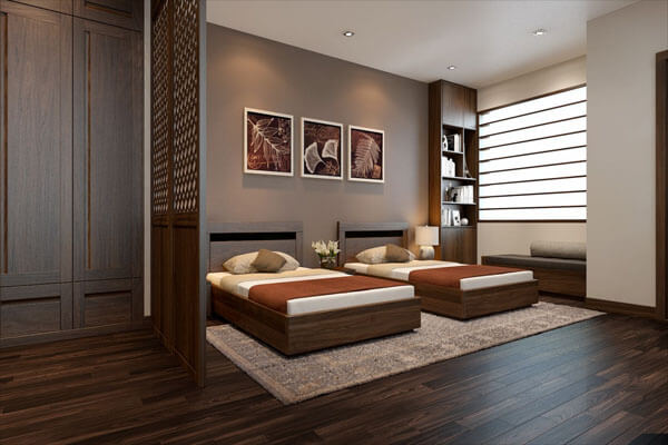 Thiết kế giường đôi kết hợp tủ gỗ